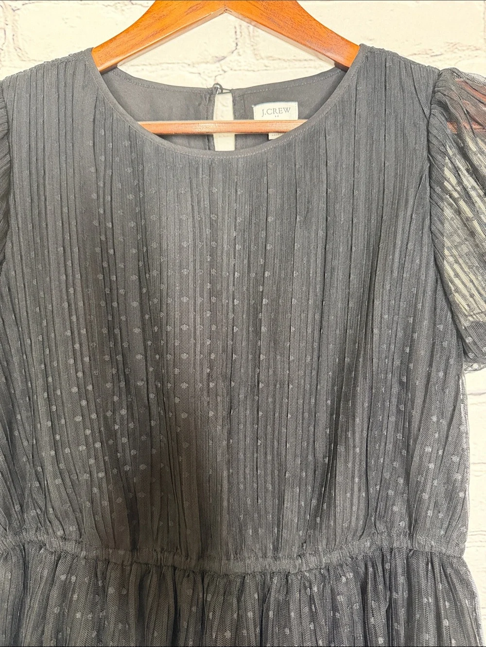 J. Crew Black Sheer Dot Tiered Midi Dress with Puff Sleeves Size 8